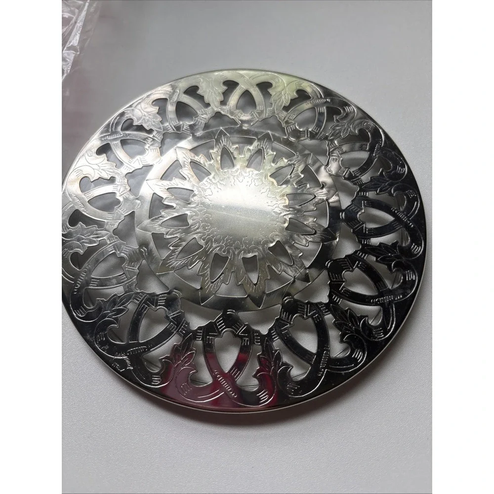 Vintage Leonard Round Reticulated Silver Plate Glass Backed Trivet 6 